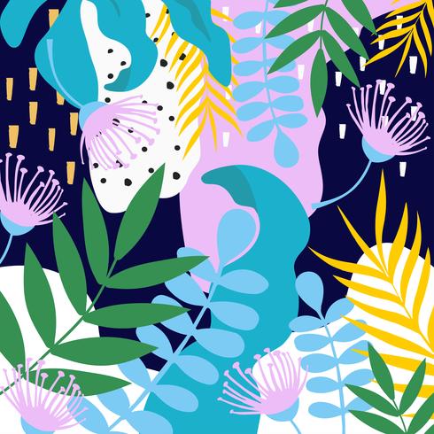 Fondo de hojas y flores de la selva tropical vector