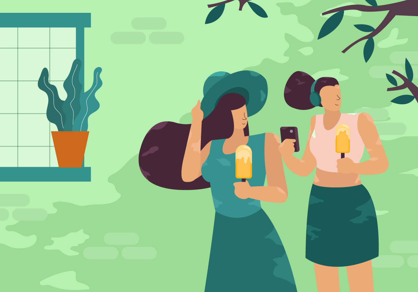 Download Girls Enjoying Summer Vacation Outdoor Vector Illustration ...