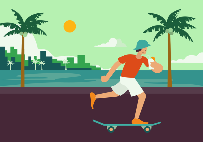 Boy Skating on Summertime Vector Illustration