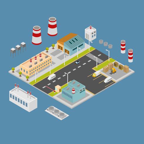 Conjunto de edificios industriales isométricos ilustración vectorial vector