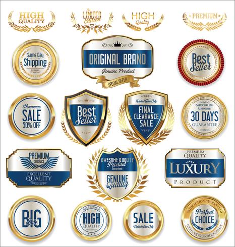 Insignias y etiquetas de oro premium de lujo vector