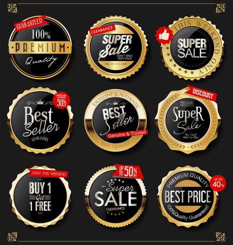 Golden shields laurel wreaths and badges collection vector