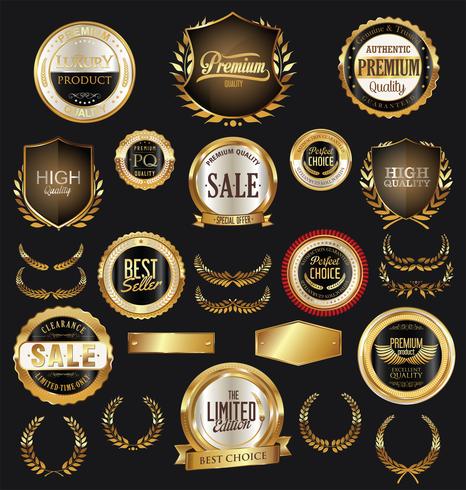 Insignias y etiquetas de oro premium de lujo vector