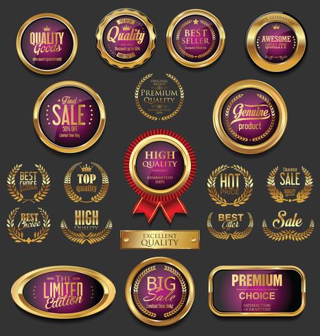 Insignias y etiquetas de oro premium de lujo vector