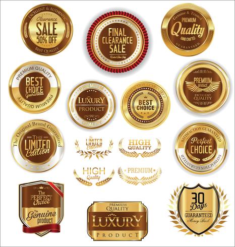 Insignias y etiquetas de oro premium de lujo vector