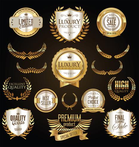 Insignias y etiquetas de oro premium de lujo vector