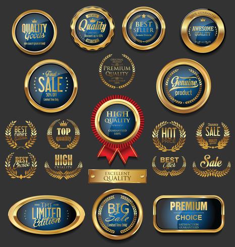 Insignias y etiquetas de oro premium de lujo vector