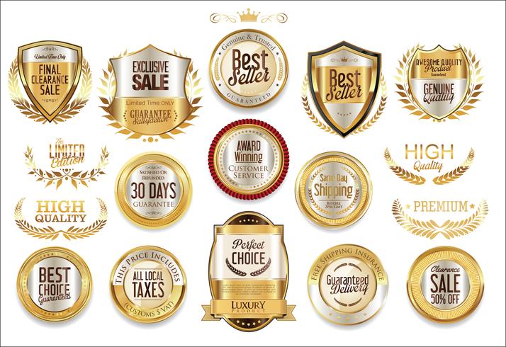 Insignias y etiquetas de oro premium de lujo vector