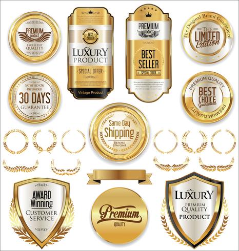 Insignias y etiquetas de oro premium de lujo vector