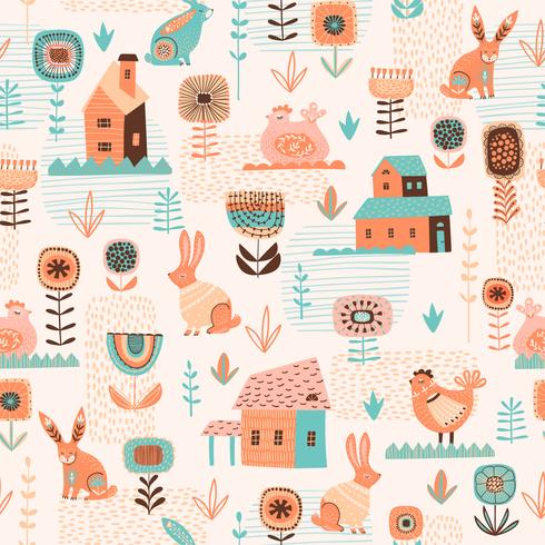 Vector seamless pattern with easter symbols and folk flowers.