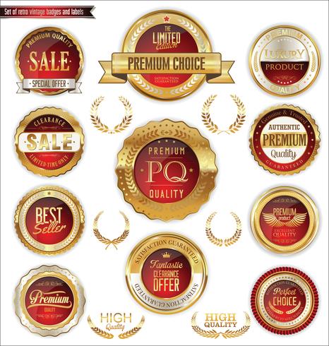 Insignias y etiquetas de oro premium de lujo vector