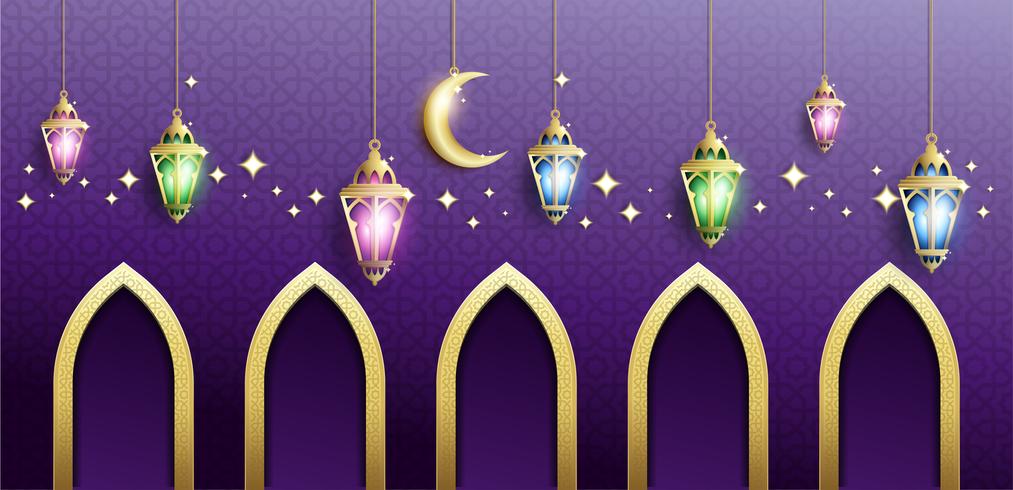 Ramadan Kareem with Hanging Fanoos Lantern  Mosque Background vector