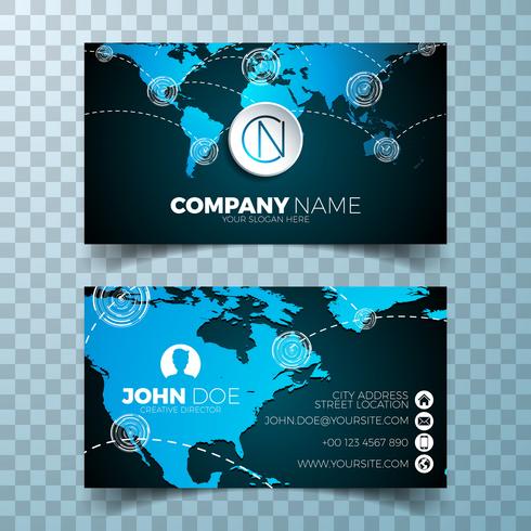 Vector modern business card design template with world map on clean backgound.