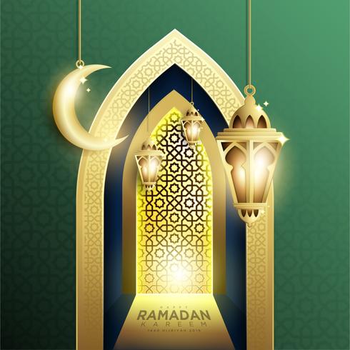 Ramadan Kareem Background with Hanging Fanoos Lantern  Crescent vector