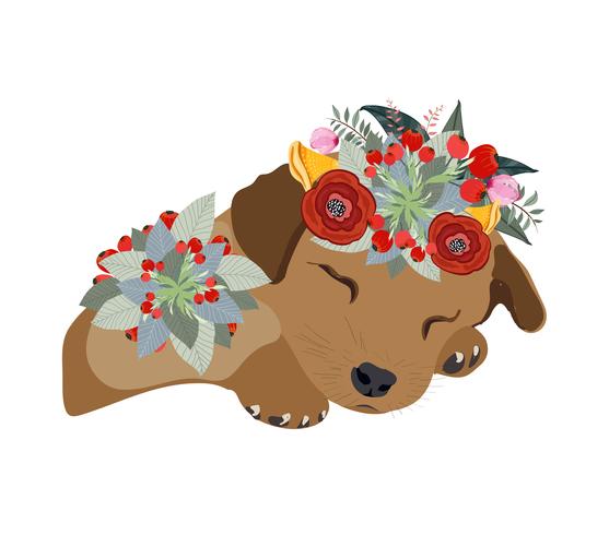 Pluma de dibujo con cara de perro, retrato de macaco con hermosas flores en la cabeza, corona floral vector