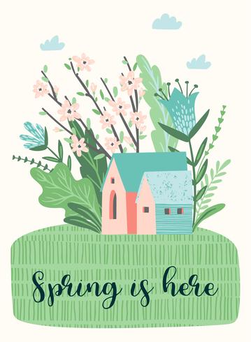 Cute illustration with spring landckape. Vector design