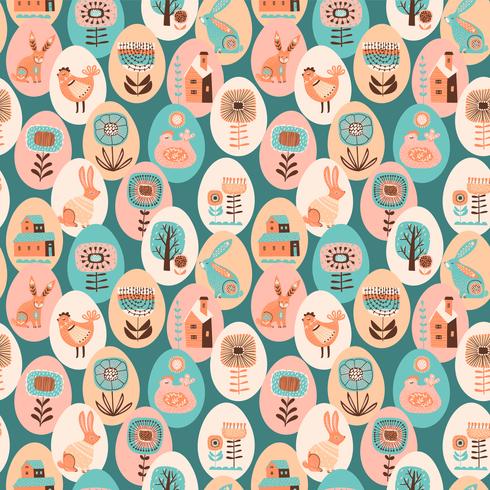 Vector seamless pattern with easter symbols and folk flowers.
