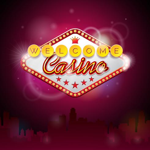 Ilustración vectorial sobre un tema de casino con pantalla de iluminación y texto de bienvenida vector