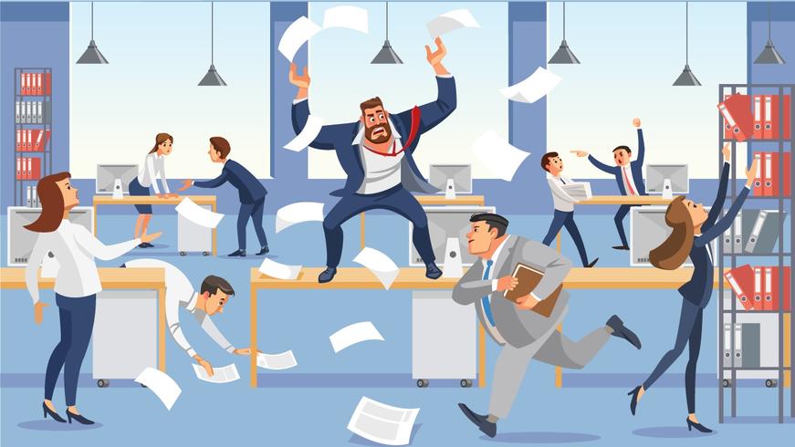 Angry boss shout in chaos standing table vector