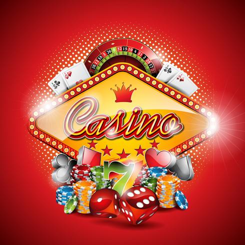 Vector illustration on a casino theme with gambling elements on red background.