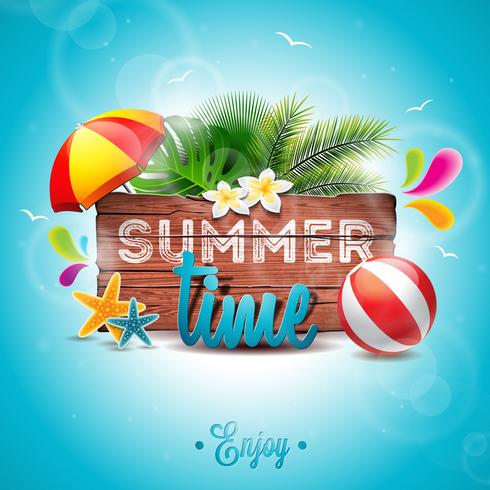 Vector Summer Time Holiday typographic illustration on vintage wood background.