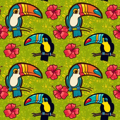 Toucan and Hibiscus. Tropical Green seamless pattern.  vector