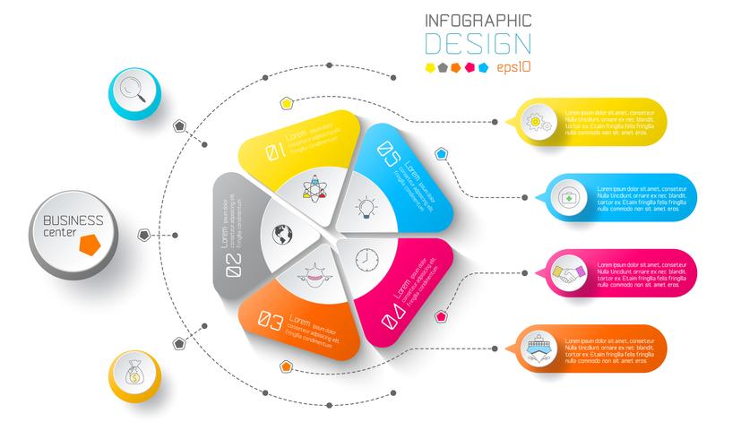 Etiquetas de negocios infografía sobre círculos y barra vertical. vector