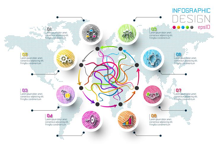 Las etiquetas del color del garabato del negocio forman la barra infographic de los círculos. vector