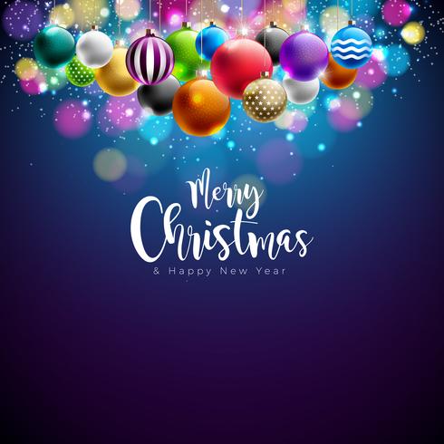 Merry Christmas Illustration with Multicolored Ornamental Balls vector