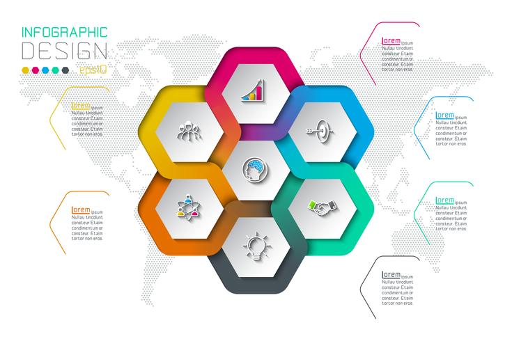 Hexágono de negocios etiquetas infografía de forma en círculo. vector