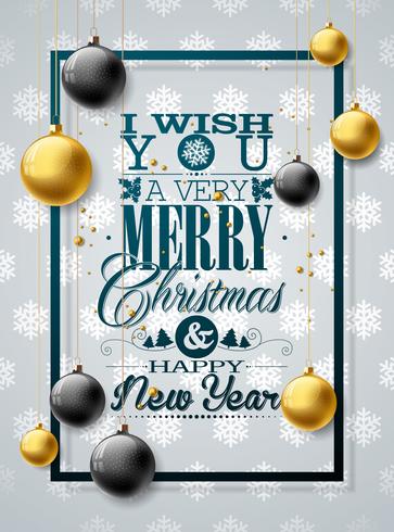 Christmas illustration with typography and gold ornaments vector