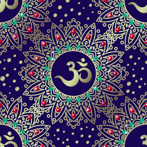 Om symbol seamless pattern. Vintage Gold on blue. vector