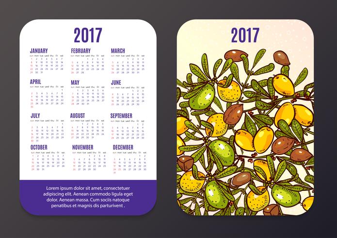 Calendario de bolsillo con productos ecológicos, frutas y ramas de argán. vector