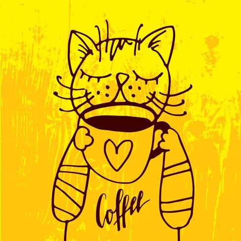 The cat is drinking a cup of coffee in the cozy yellow background.  vector