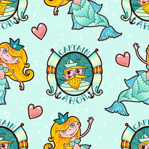 Mermaid and Seaman seamless pattern. Kawaii Maritime princess.  vector