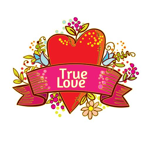 Doodle red heart with ribbon and flowers. vector