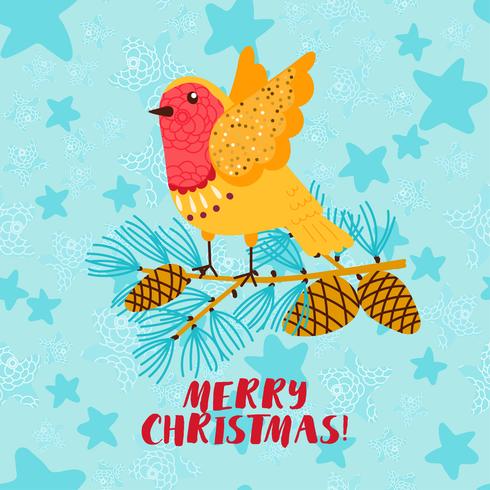 Merry Christmas greeting card with robin bird  vector