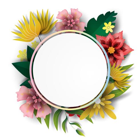 Paper art of Frame circle with nature green colorful leaf and flower.vector