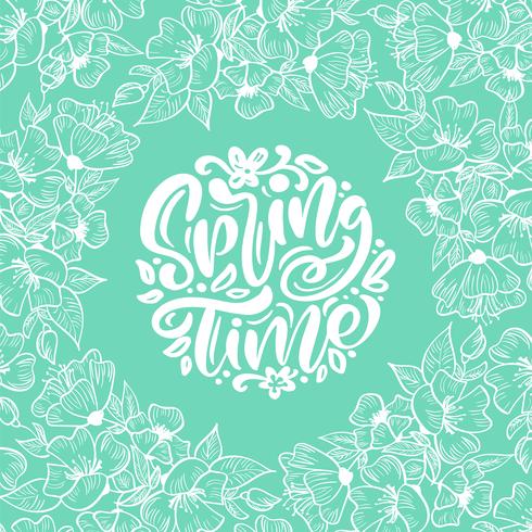 Vector floral frame for greeting card with handwritten text Spring Time. Isolated flat scandinavian illustration on turquoise background pattern. Hand drawn nature design