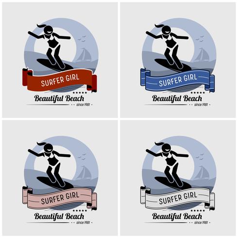 Surfer girl surfing logo design.  vector