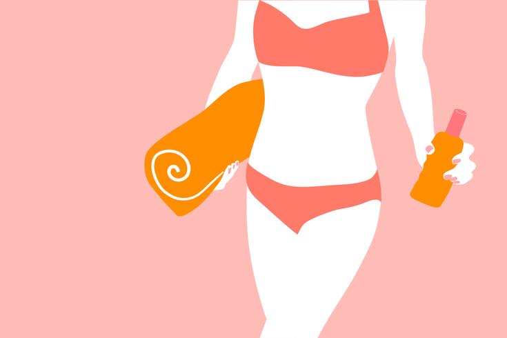 Young woman with towel and cream in hand summer in a bathing suit. Concept rest and spa procedure. Vector cartoon illustration