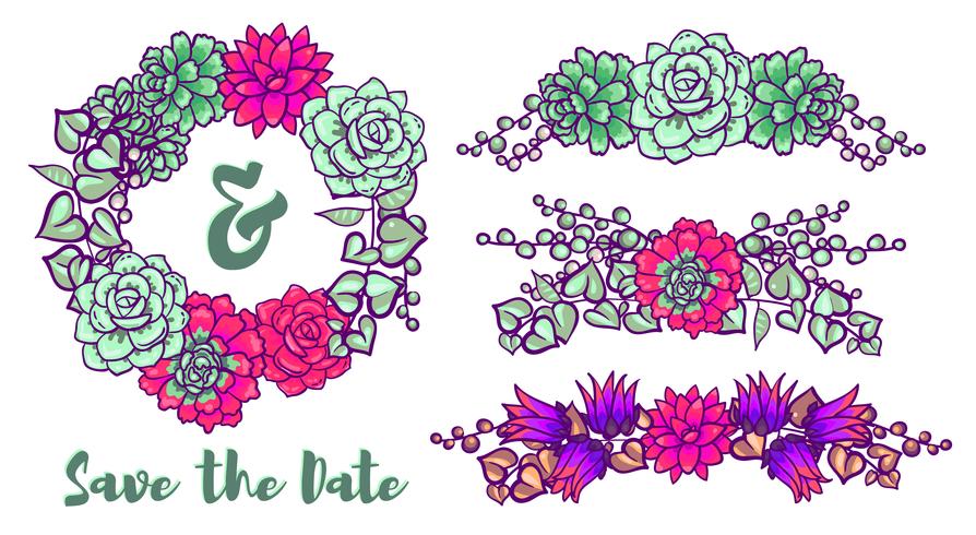 Vintage Wedding wreath of succulents for greeting cards vector