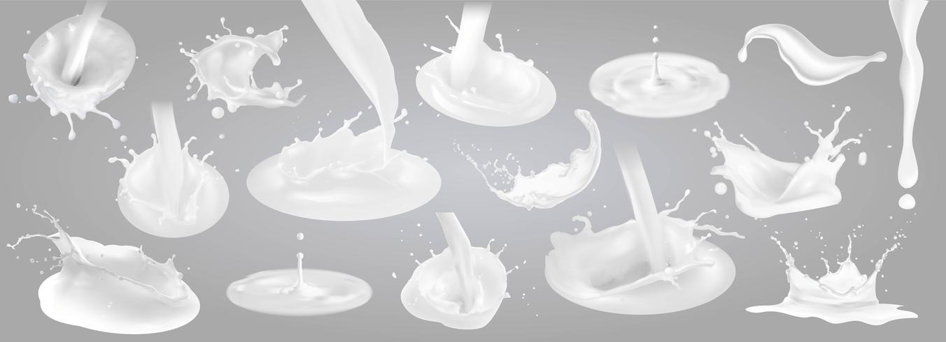 Salpicaduras de leche, gotas y borrones. vector