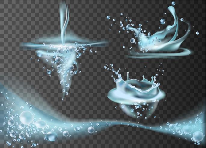 Set of translucent water splashes, drops and crown in light blue colors, isolated on transparent background. Vector illustration.