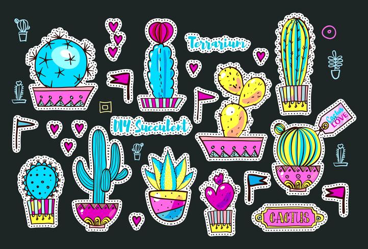 Set de parches de moda, broches con cactus. vector