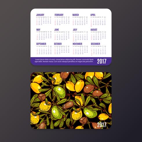 Calendario de bolsillo con productos ecológicos, frutas y ramas de argán. vector