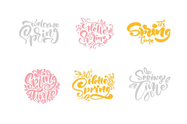 Set of six Spring time Pastel Calligraphy lettering phrases vector