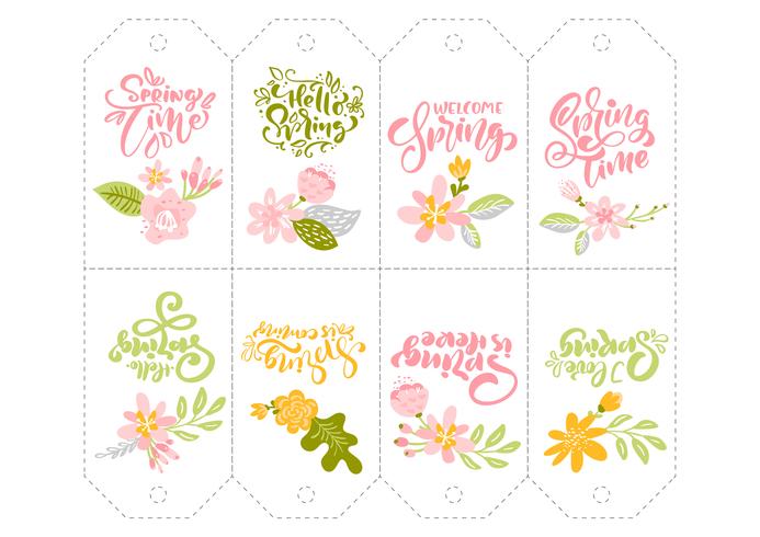 Set of Spring flower herbs tags with calligraphic lettering text vector