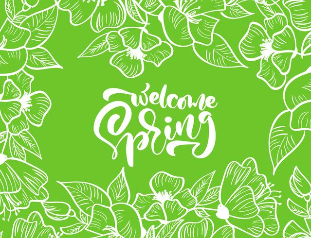 Green vector floral frame for greeting card with text Welcome Spring
