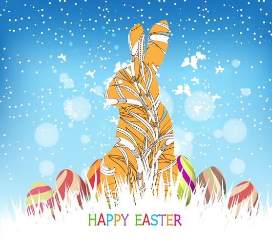 happy easter with doodle floral bunny picture frame vector